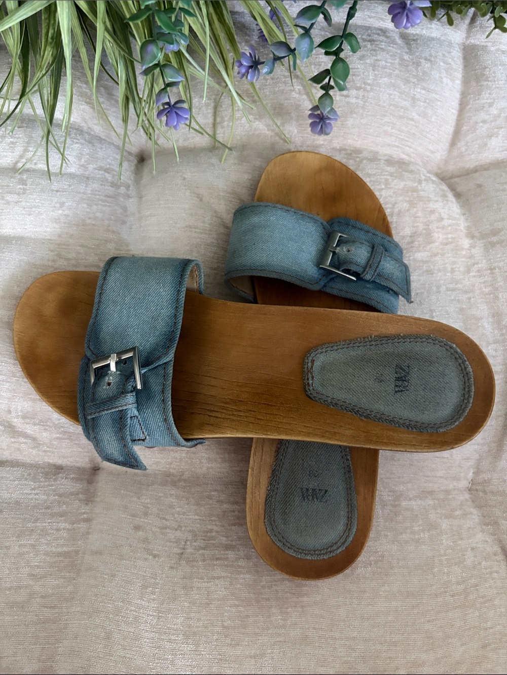 ZARA Denim Buckle Slide Sandals in Light Blue